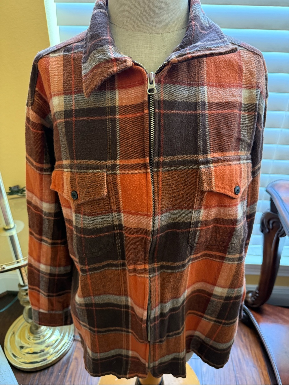 Mountain Lake Orange and Brown Plaid Flannel Zip-Front Shacket Unisex